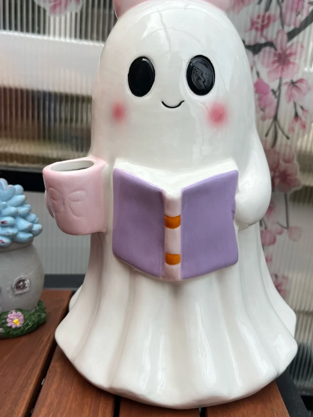 White Ceramic Ghost Vase with Pink & Lavender Accents